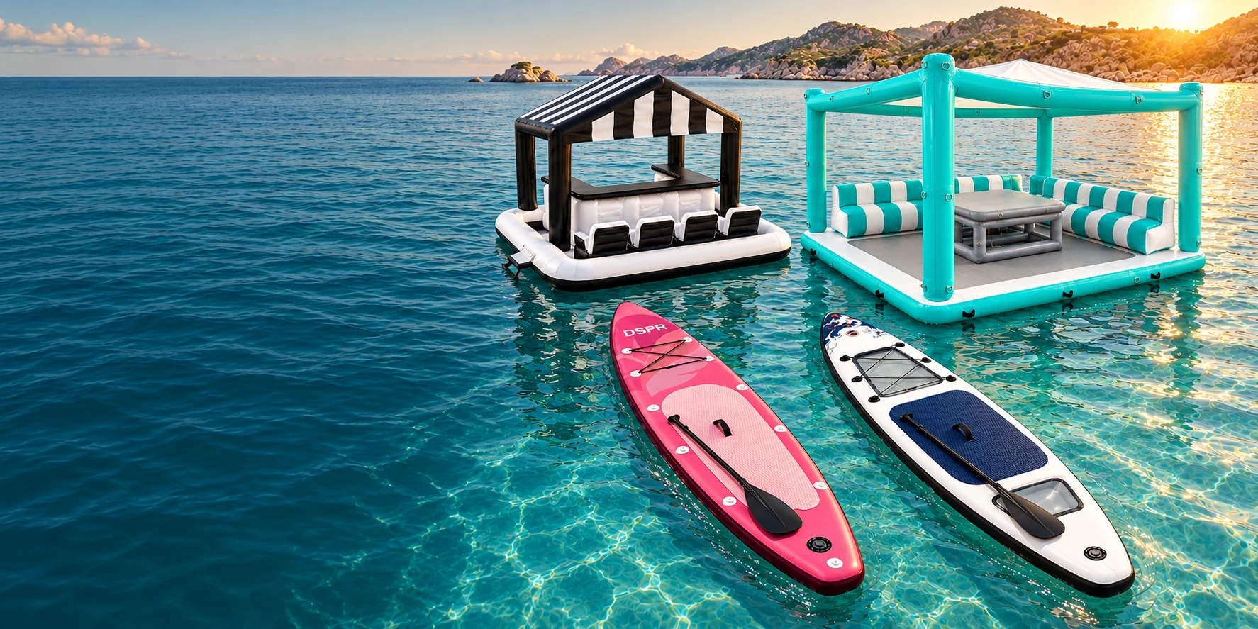 DSPR solid-deck and viewing-window SUPs with floating bar and lounge on coastal water